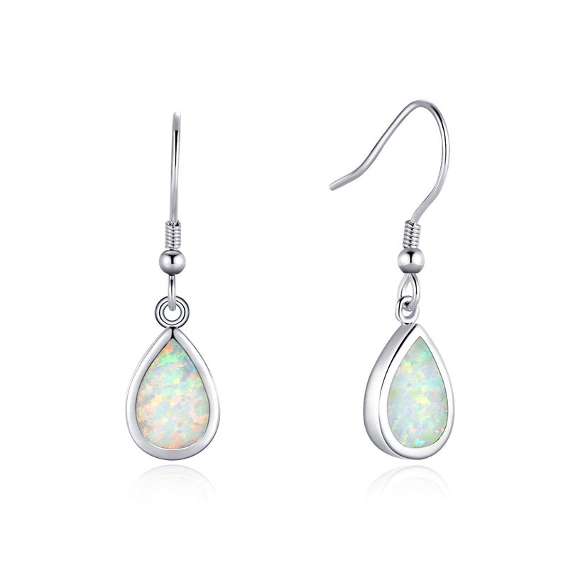 Fancime October Birthstone Earrings FANCIME Sterling Silver White Opal Teardrop Dangle Earrings Dainty Pear Shaped Hook Earrings Opal Jewelry for Women - Image 1
